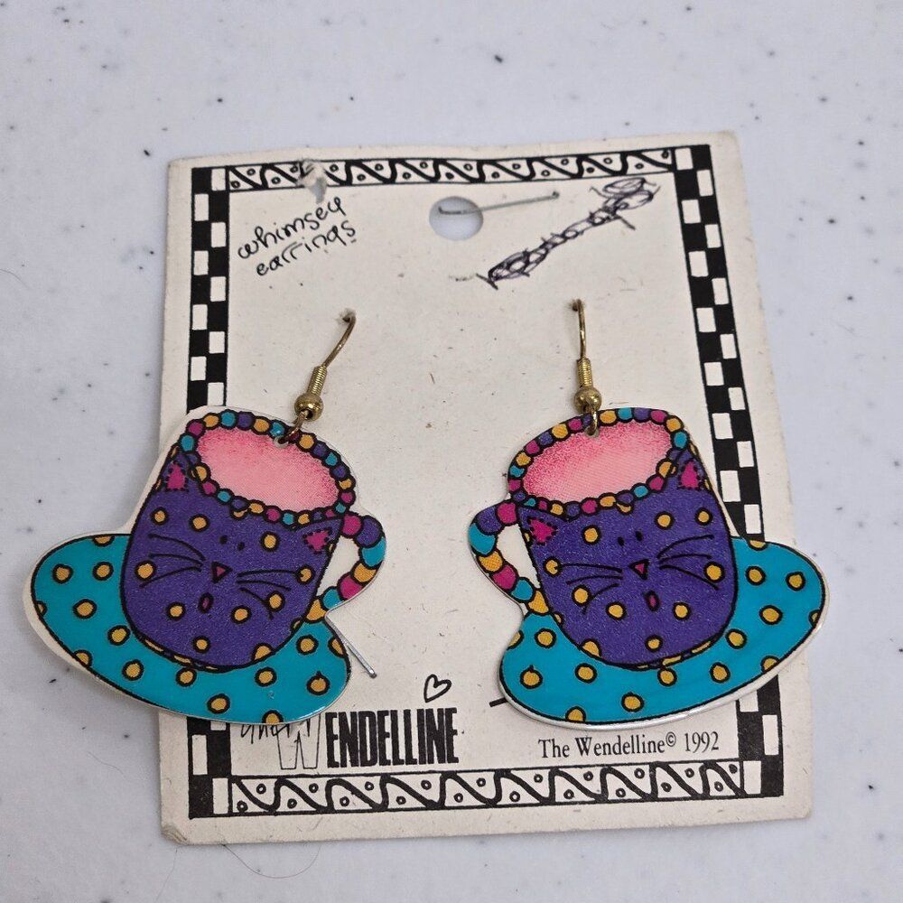Wendelline Vintage Whimsical Cup & Saucer Pierced Earrings New 1992 Cat New